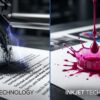Comparativa visual entre polvo de tóner láser y gotas de tinta líquida de inyección sobre papel, destacando la nitidez y el color para ahorro en BioPrinter.