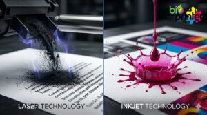 Comparativa visual entre polvo de tóner láser y gotas de tinta líquida de inyección sobre papel, destacando la nitidez y el color para ahorro en BioPrinter.