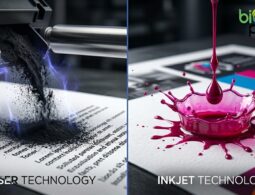 Comparativa visual entre polvo de tóner láser y gotas de tinta líquida de inyección sobre papel, destacando la nitidez y el color para ahorro en BioPrinter.